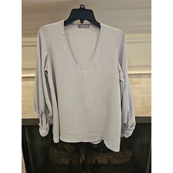 STMYT Tops - Blue Womens Blouse Crinkle Balloon Sleeve V Neck